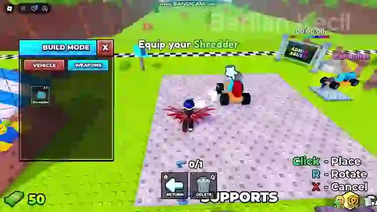The Build and Kill Zombies BUILD MODE panel with the WEAPONS tab open and a Shredder ready to equip