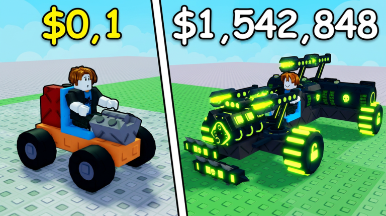 Build and Kill Zombies official media — a starter kart worth $0.1 next to a fully upgraded zombie-crushing build worth over $1.5 million