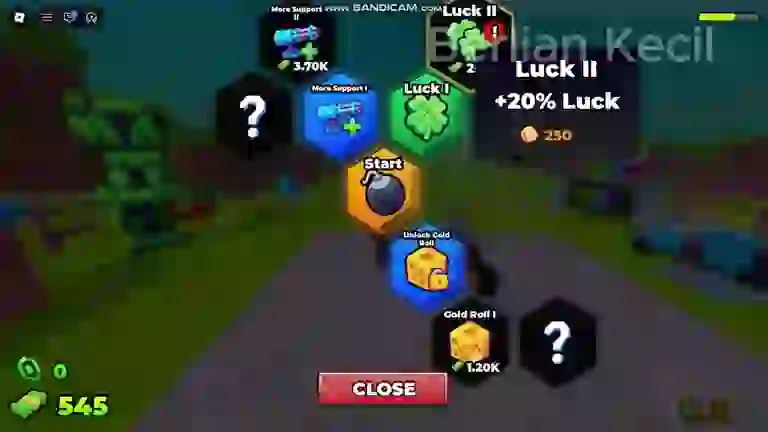 The Build and Kill Zombies skill tree showing Luck II granting plus 20 percent Luck for 250 cash